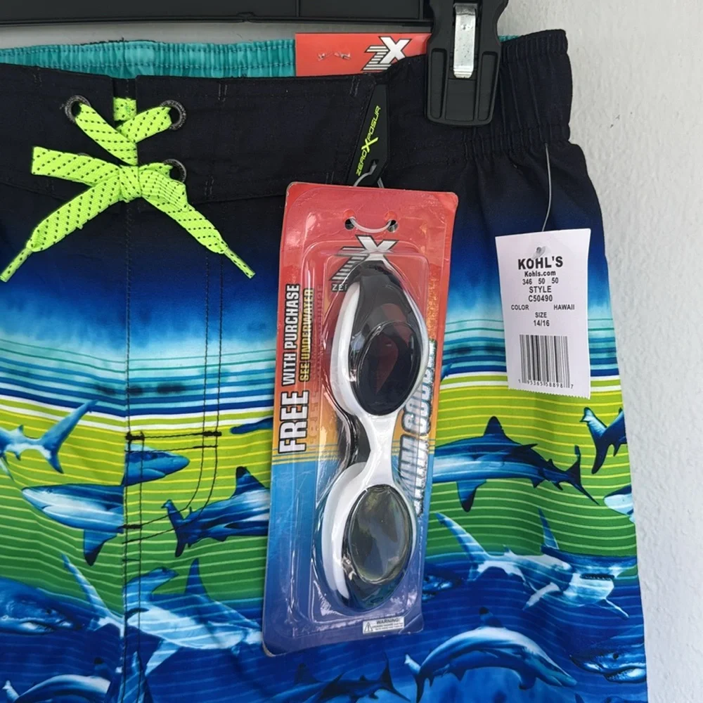 Zero Xposur blue green shark print swim trunks and goggles set size 14/16